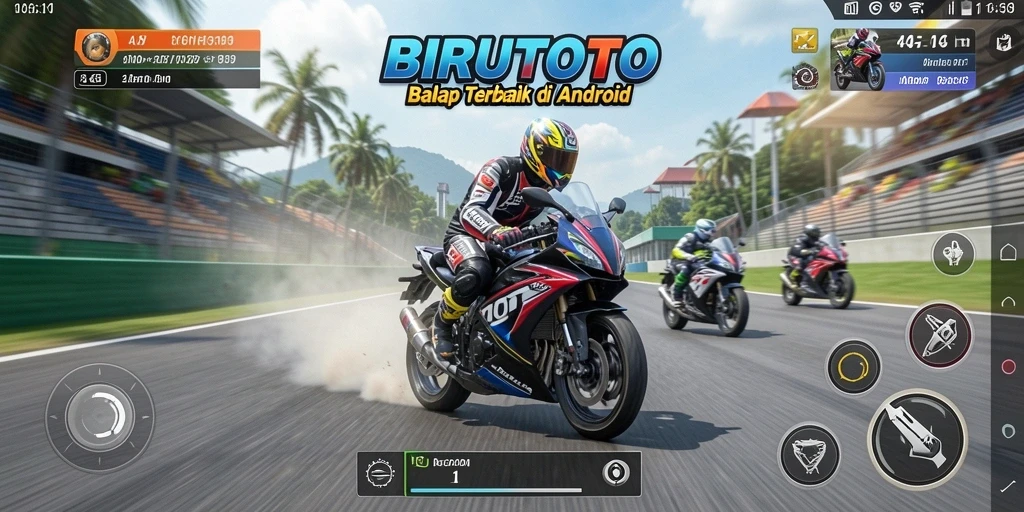 Tangkapan layar gameplay BIRUTOTO menampilkan aksi balap motor yang mendebarkan.