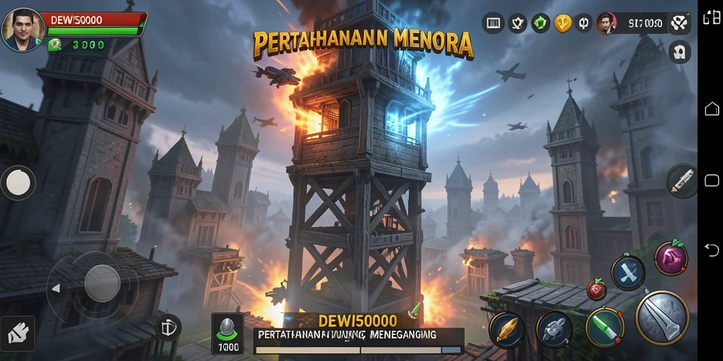 Tampilan gameplay DEWI5000 menampilkan aksi Tower Defense yang intens.