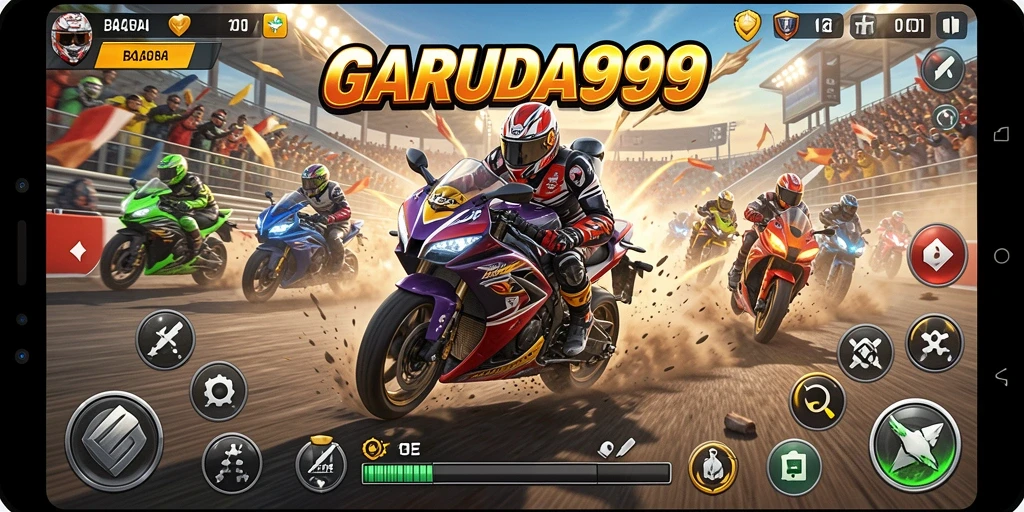 Tampilan gameplay seru dari GARUDA999 saat balapan motor.