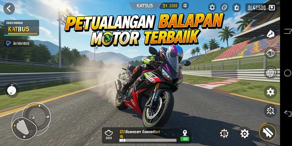 Screenshot KATSU5 menampilkan aksi balapan motor yang mendebarkan.