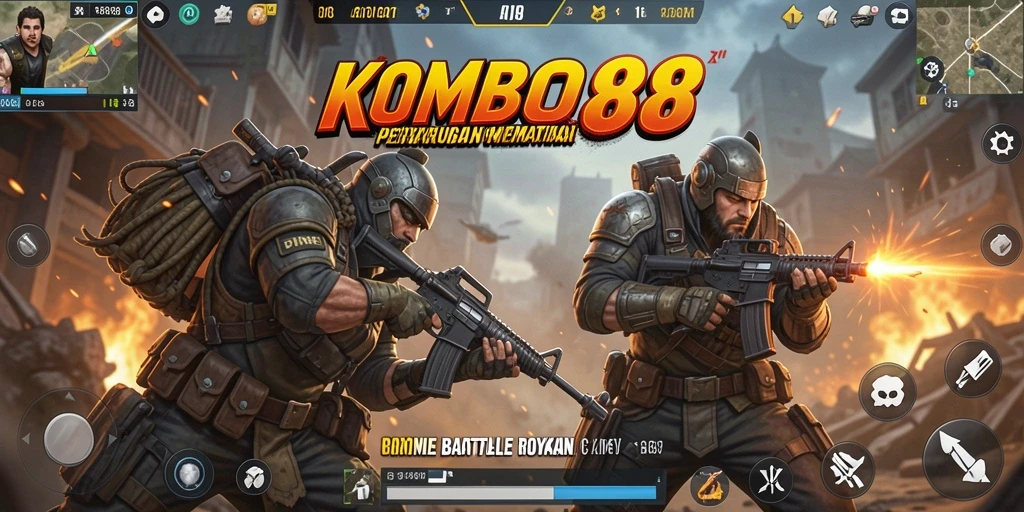 Screenshot gameplay KOMBO88 yang menunjukkan aksi Battle Royale yang mendebarkan.