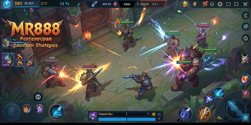 Tangkapan layar gameplay <strong>MR888</strong> menunjukkan aksi pertempuran yang mendebarkan dalam arena MOBA.