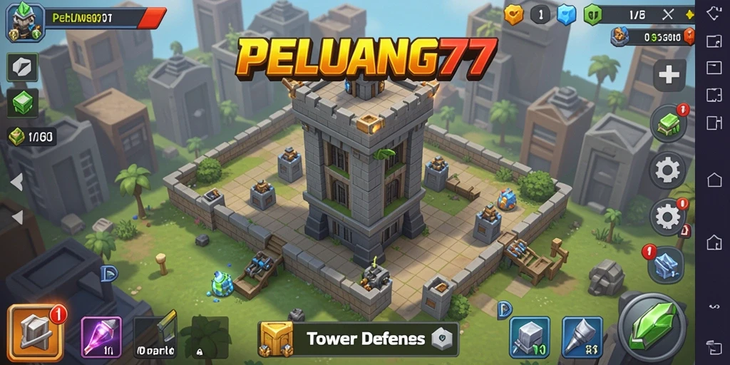 Screenshot gameplay PELUANG77 menampilkan strategi pertahanan tower yang mengesankan.