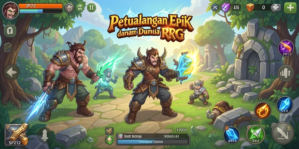 Tangkapan layar utama SP212 yang menunjukkan pertarungan seru di dunia RPG.