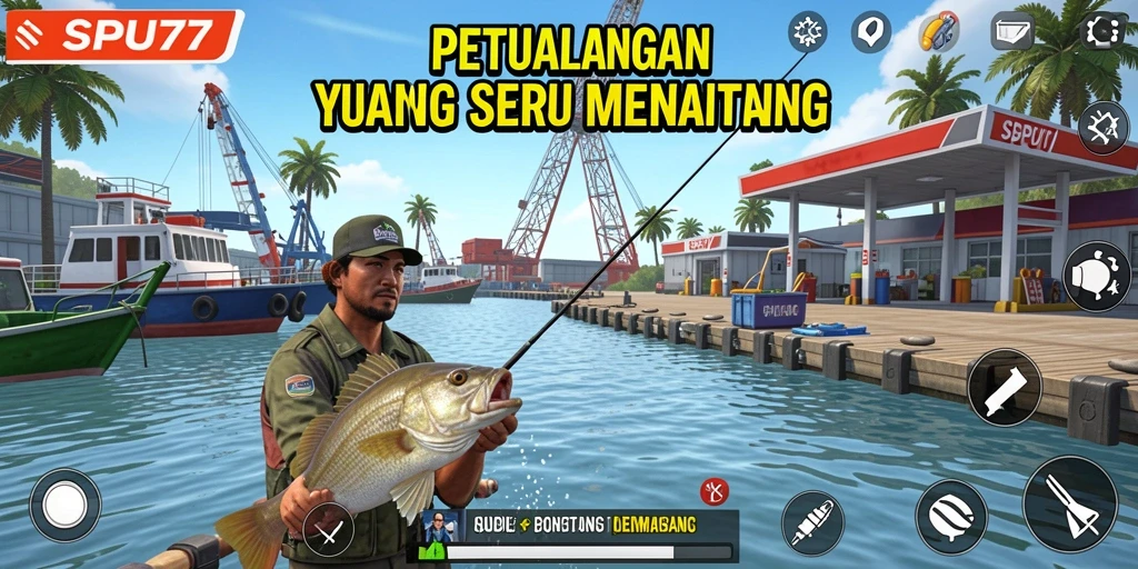 Tampilan gameplay SPBU77 yang menunjukkan suasana memancing yang cerah dan menawan.