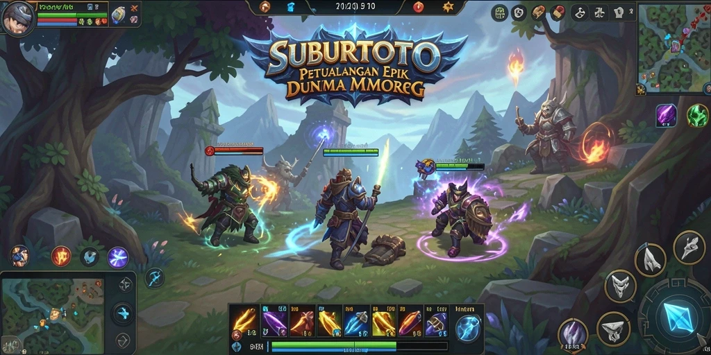 Screenshot gameplay SUBURTOTO menampilkan pertarungan epik dalam dunia fantasi.